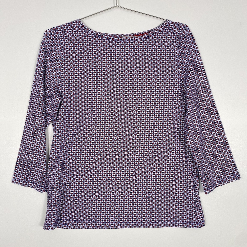 Talbots Shirt Womens Large Red Blue Geometric 3/4 Sleeve Cotton Top Stretch